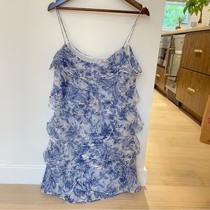Mango Summer Blue Floral Pattern Ruffle Dress Great for Beach, Vacay, Pool Party